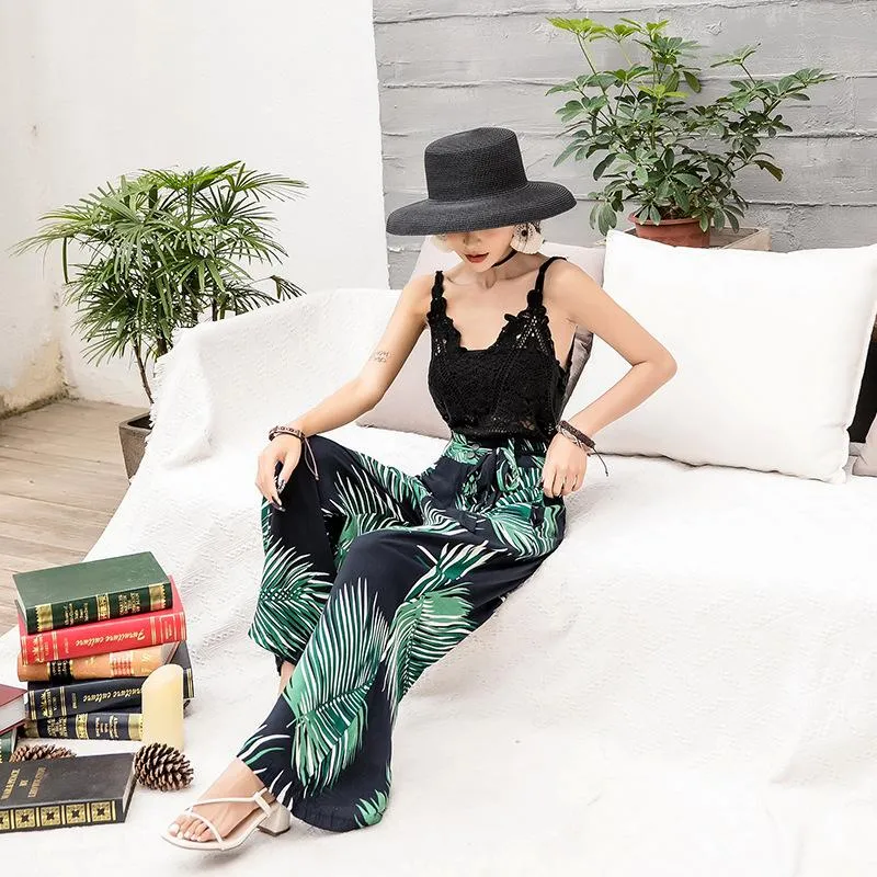 Bohemian Wide-leg Pants High Waist with Floral Pants Seaside Holiday Beach Trousers