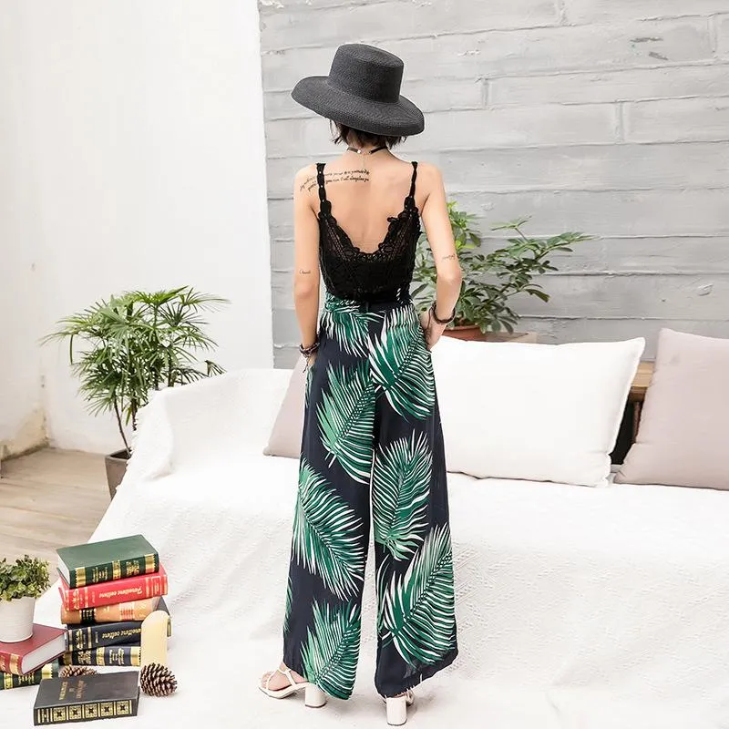 Bohemian Wide-leg Pants High Waist with Floral Pants Seaside Holiday Beach Trousers