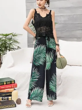 Bohemian Wide-leg Pants High Waist with Floral Pants Seaside Holiday Beach Trousers