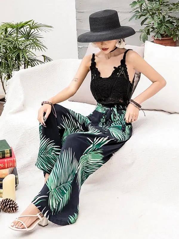 Bohemian Wide-leg Pants High Waist with Floral Pants Seaside Holiday Beach Trousers