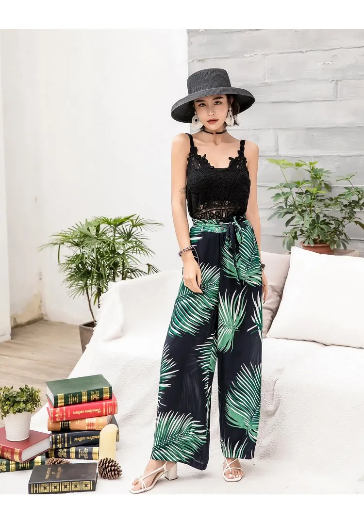 Bohemian Wide-leg Pants High Waist with Floral Pants Seaside Holiday Beach Trousers