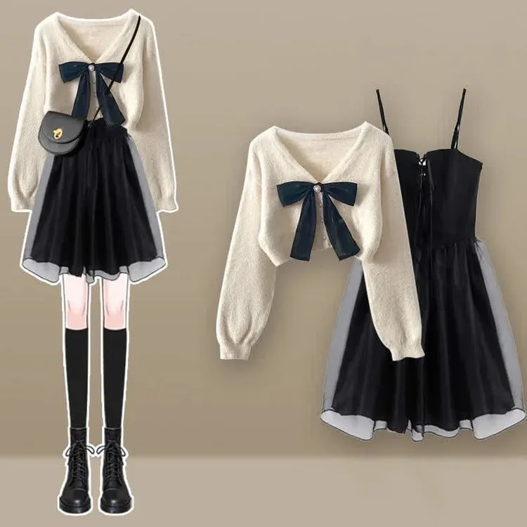 Bowknot Cross Cardigan Sweater Lace Up Tulle Slip Dress Two Piece Set" - Elegance Meets Comfort in One Outfit! 🎀👚👗