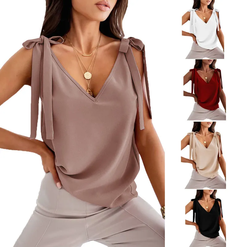 Bowknot Tie Up Camisole V-neck Shirts Women Summer Sleeveless Tank Tops