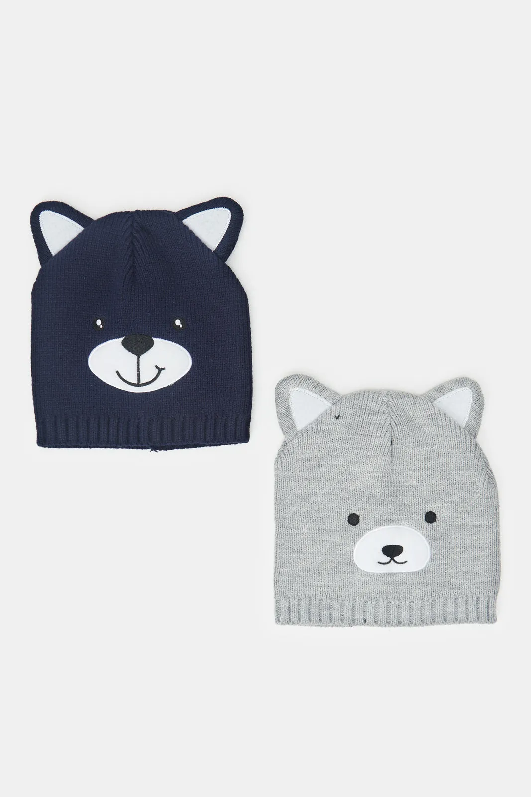 Boys Navy And Grey Bear Knitted Cap (Pack of 2)