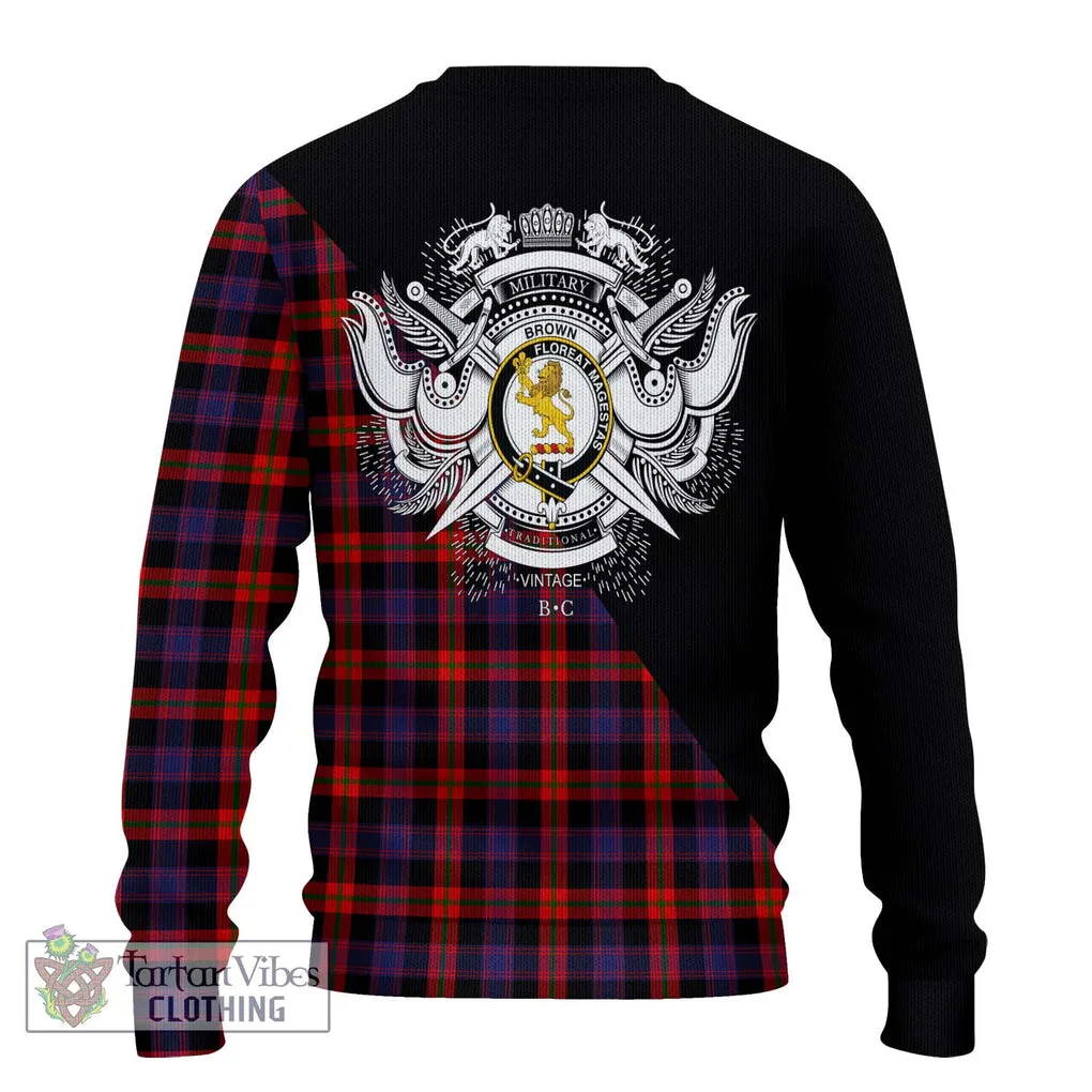 Brown (Broun) Tartan Ugly Sweater with Family Crest and Military Logo Style