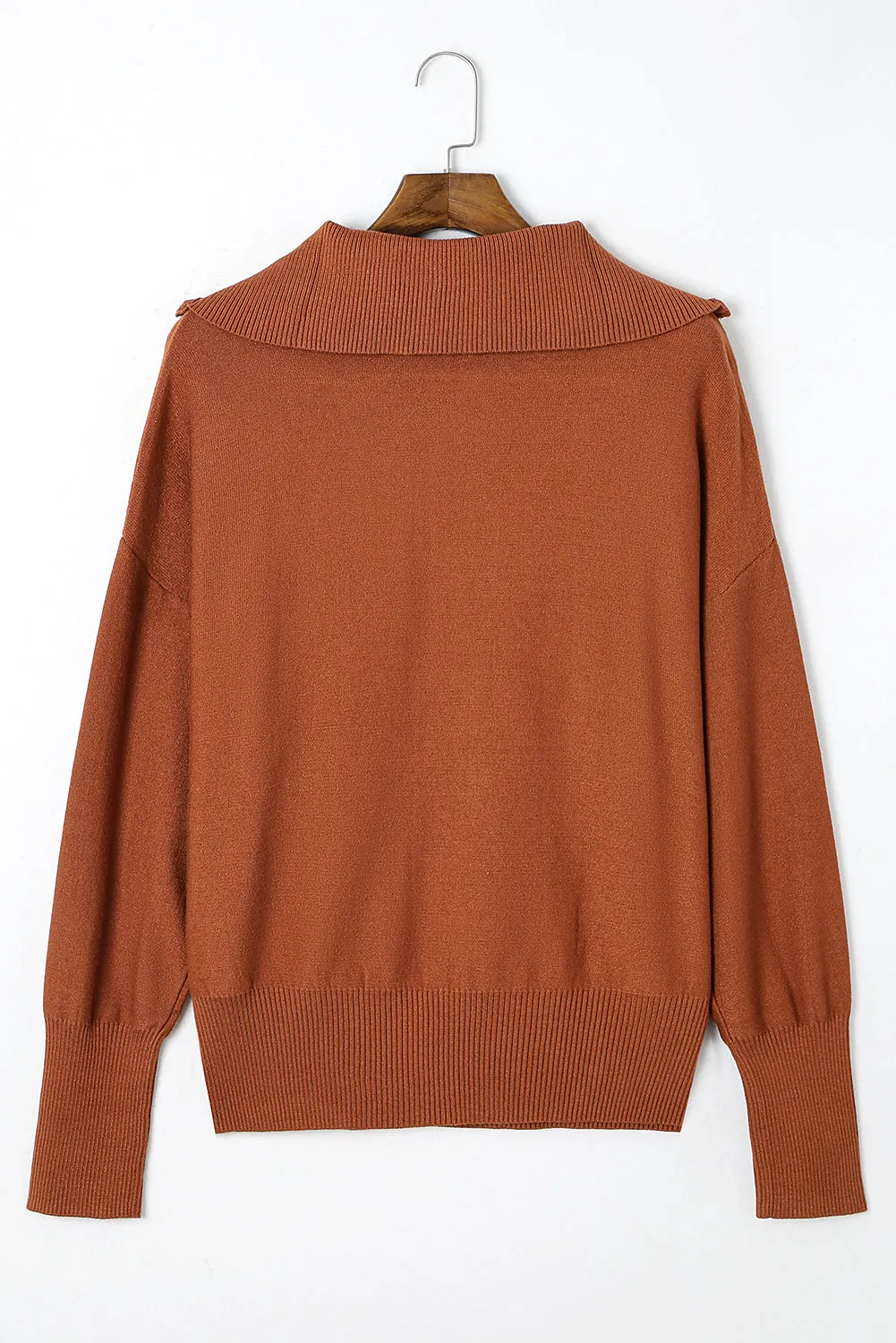 Brown Solid Ribbed Trim Plus Size Zip Collar Sweater