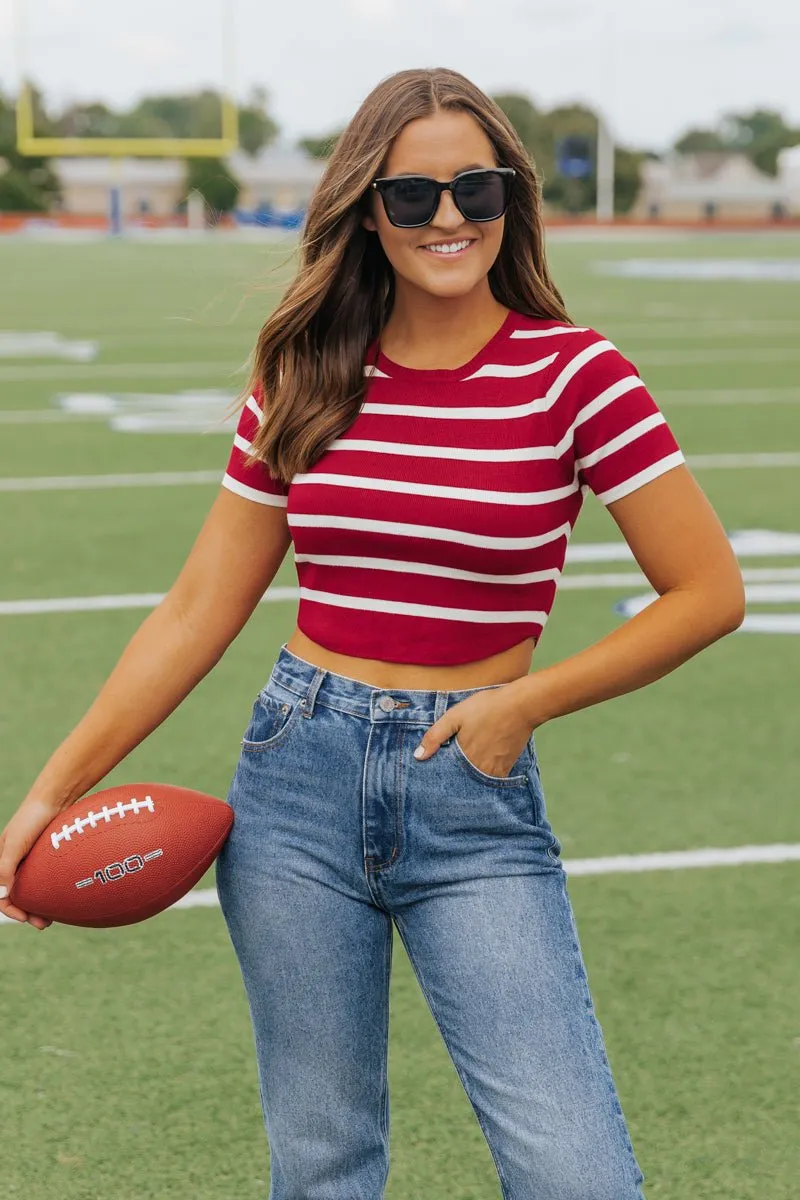 Burgundy and White Striped Cropped Sweater - FINAL SALE