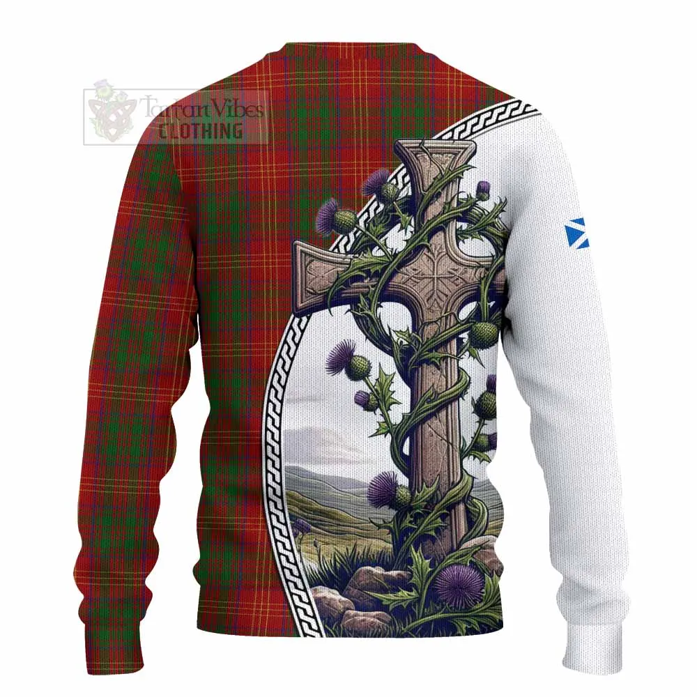 Burns Tartan Knitted Sweater with Family Crest and St. Andrew's Cross Accented by Thistle Vines