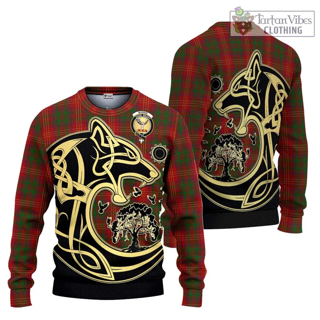 Burns Tartan Ugly Sweater with Family Crest Celtic Wolf Style