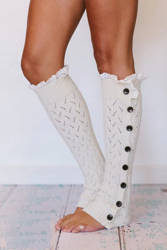 Cable Knit Leg Warmers Off White Boho Legwarmers With Wood Buttons Cream Boot Toppers One Size