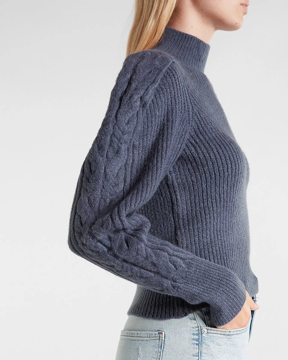 Cable Knit Puff Sleeve Open Back Sweater in Blue Diamond