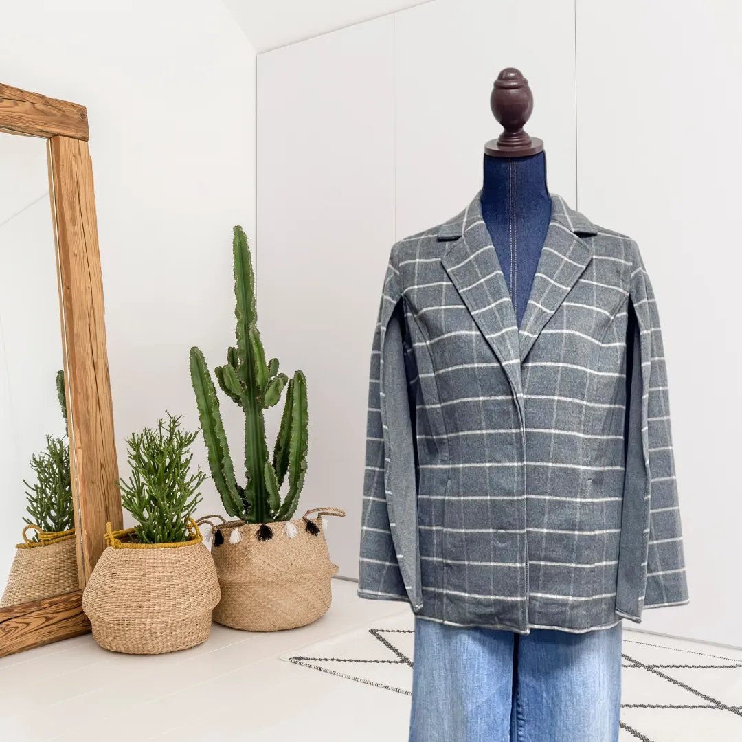 Cape Windowpane Plaid Poncho Jacket