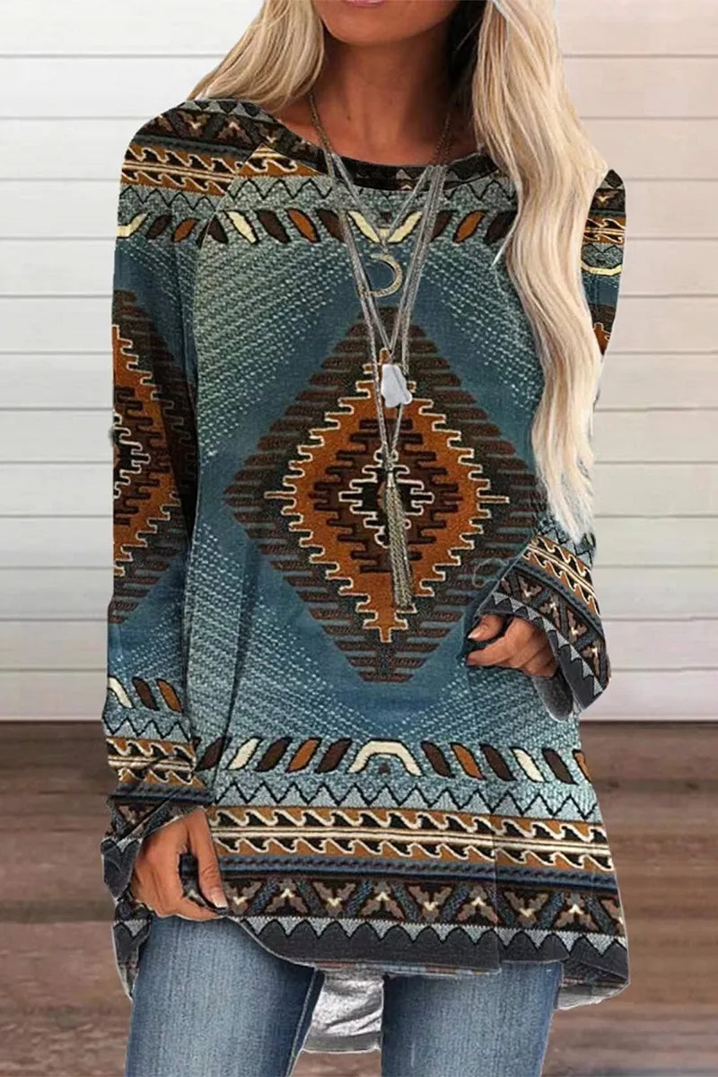 Casual Geometric Printing O Neck Tops