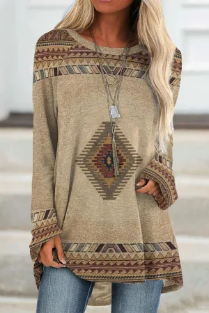 Casual Geometric Printing O Neck Tops