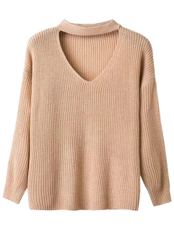 Cheap V Neck Ribbed Choker Sweater