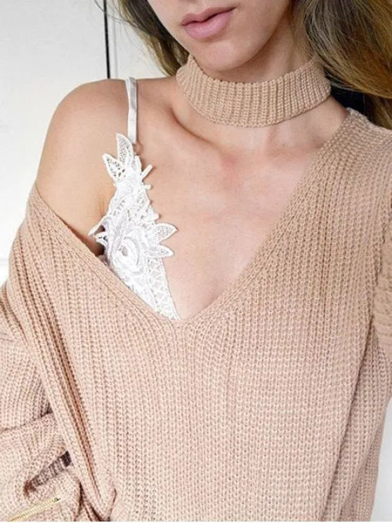 Cheap V Neck Ribbed Choker Sweater