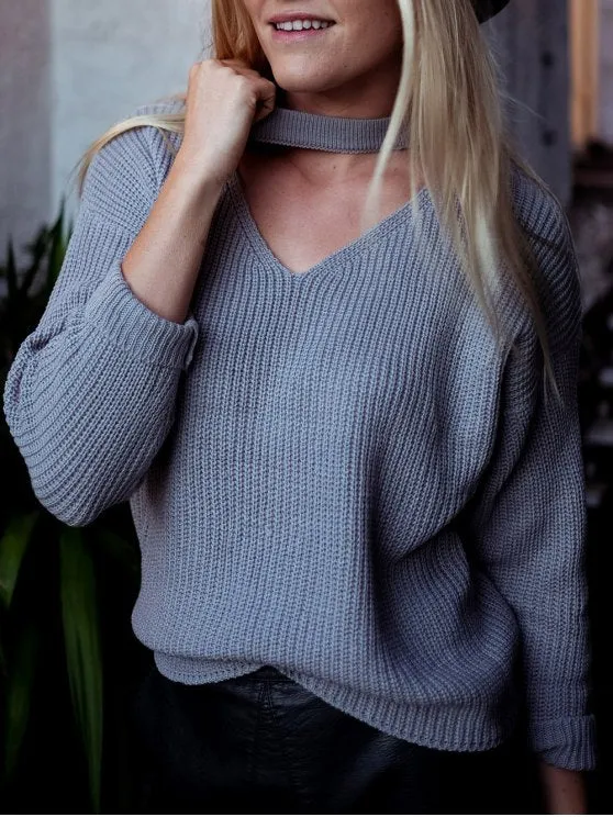 Cheap V Neck Ribbed Choker Sweater