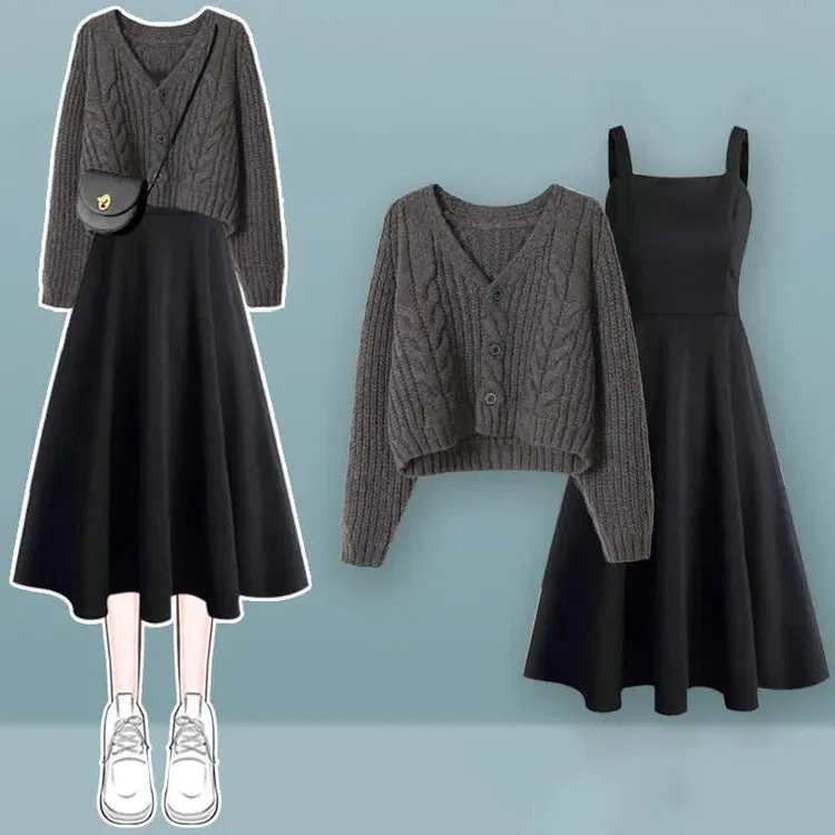 Chic and Cozy: Lace Up Slip Dress Duo in Dark Grey Two Piece Set