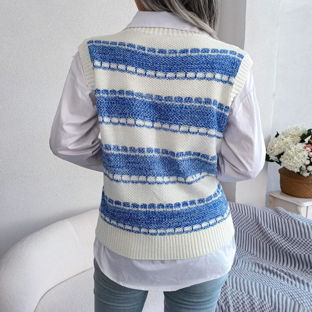 Chic Contrast Striped Pattern V Neck Marled Knit Sweater Vest