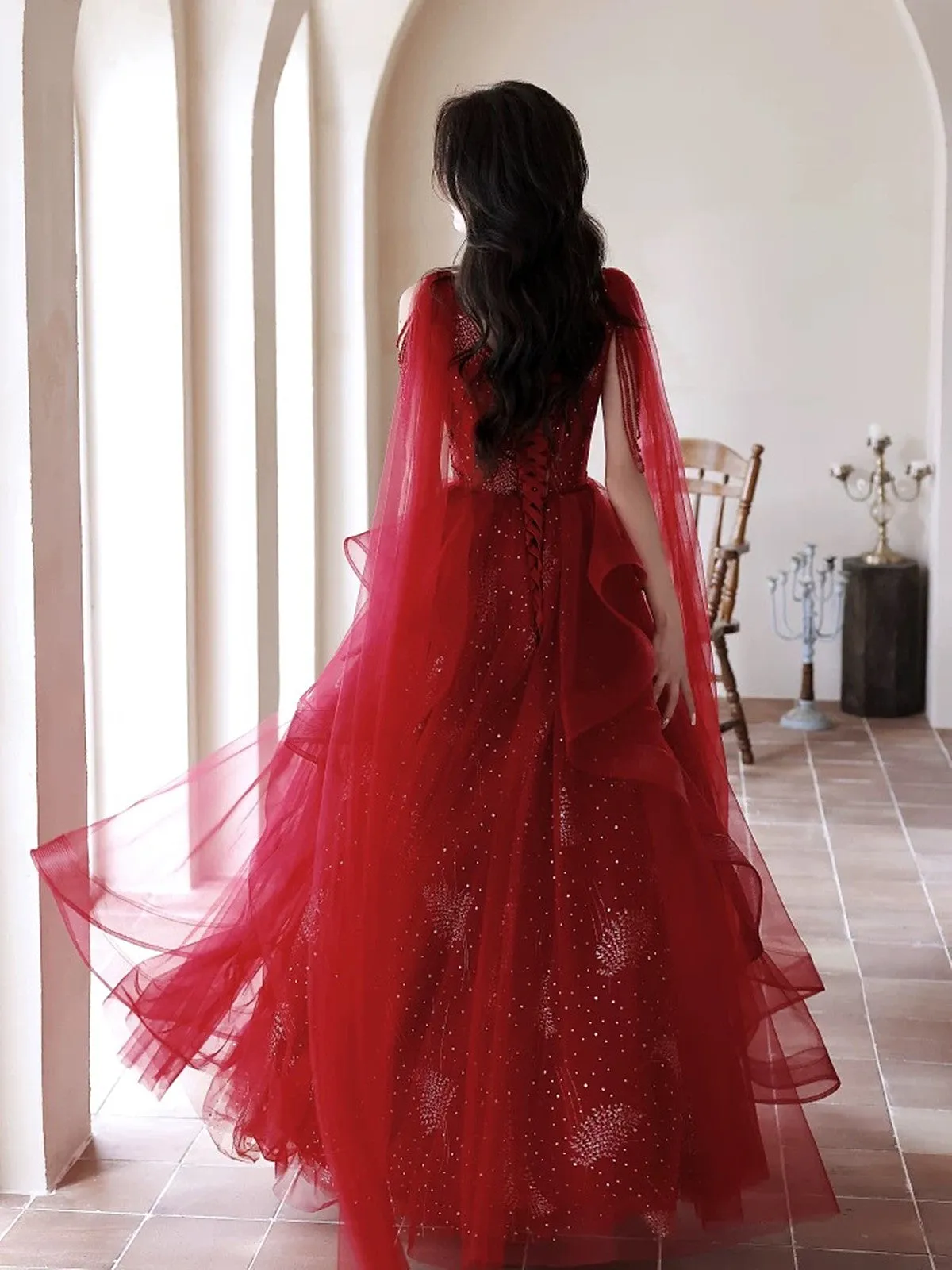 Chic V-neckline Tulle Floor Length Party Dress, Wine Red Tulle Prom Dress