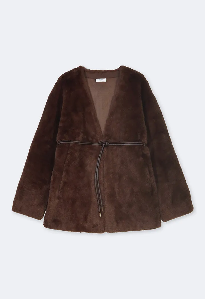 Choice Belted Faux Fur Poncho Brown