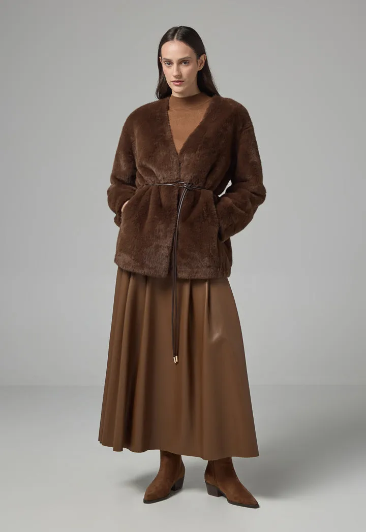 Choice Belted Faux Fur Poncho Brown