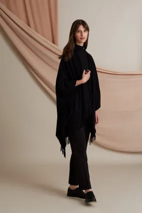 Clarissa Fringed Wool Cashmere Poncho Black