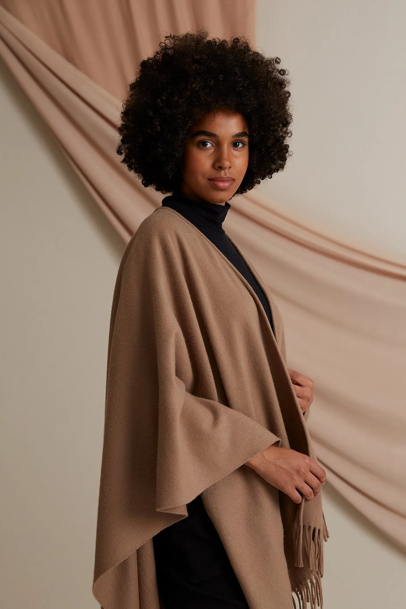 Clarissa Fringed Wool Cashmere Poncho Chestnut