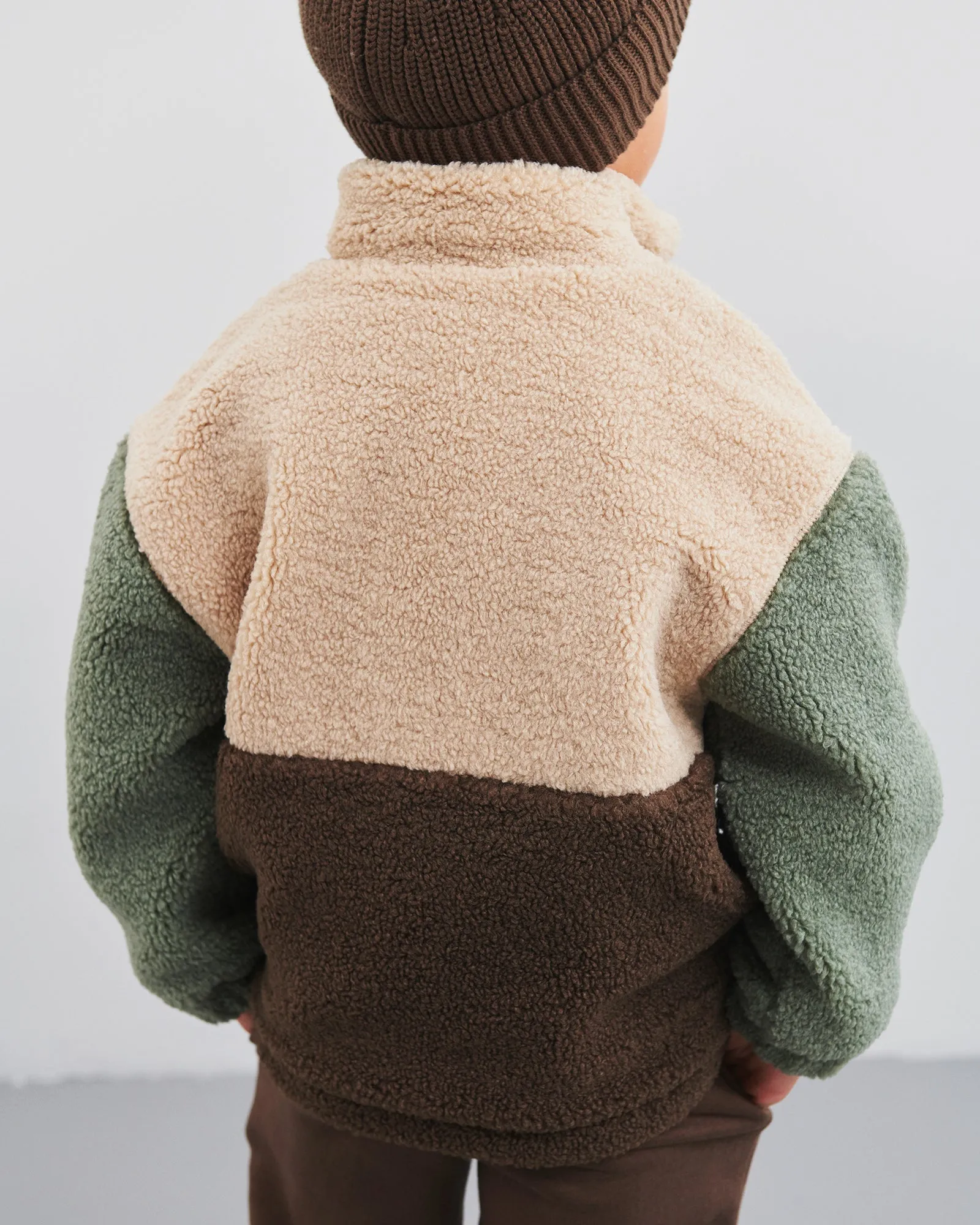 Colorblock Teddy Jacket - Kids - Green/Beige/Dark Earth