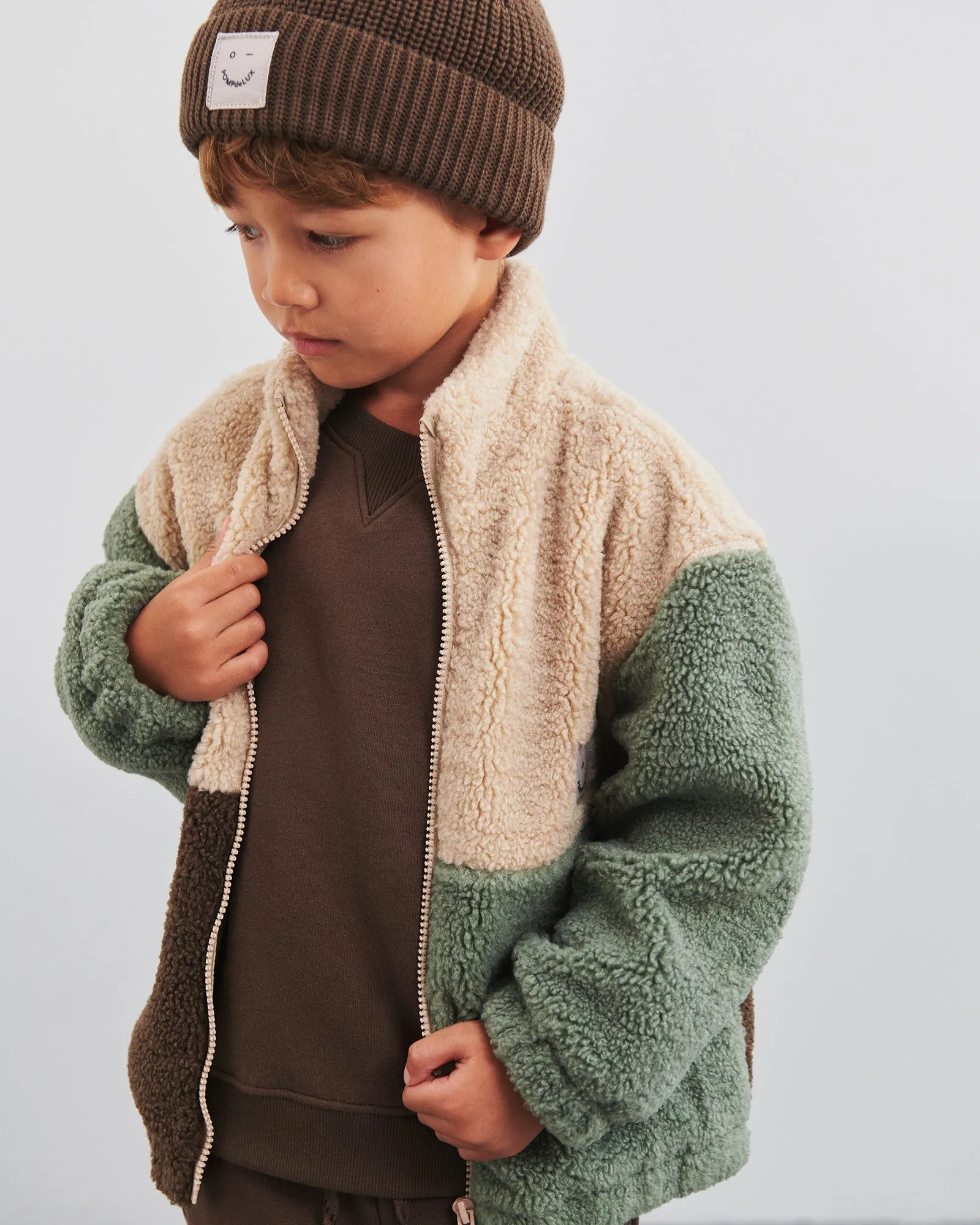 Colorblock Teddy Jacket - Kids - Green/Beige/Dark Earth