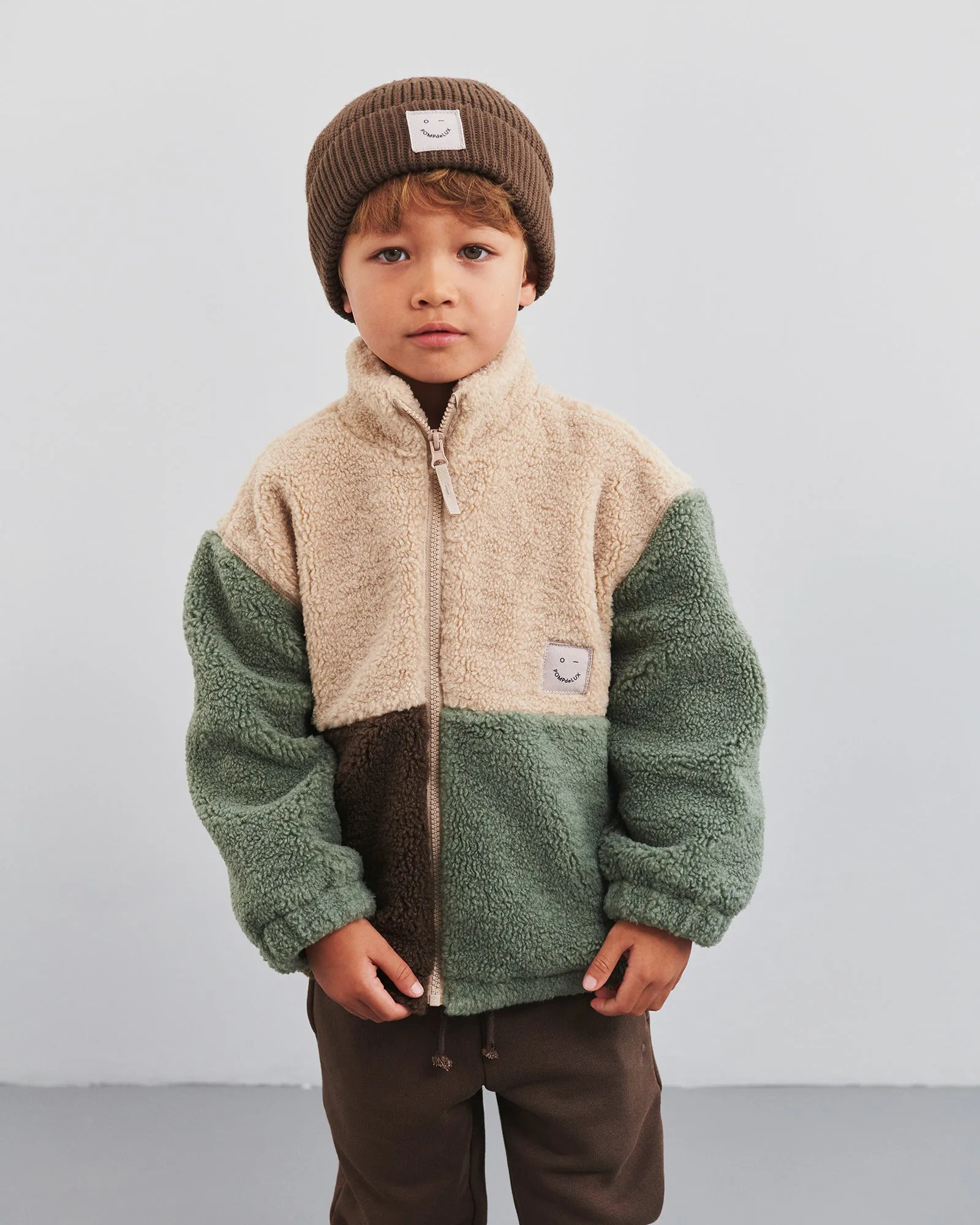 Colorblock Teddy Jacket - Kids - Green/Beige/Dark Earth