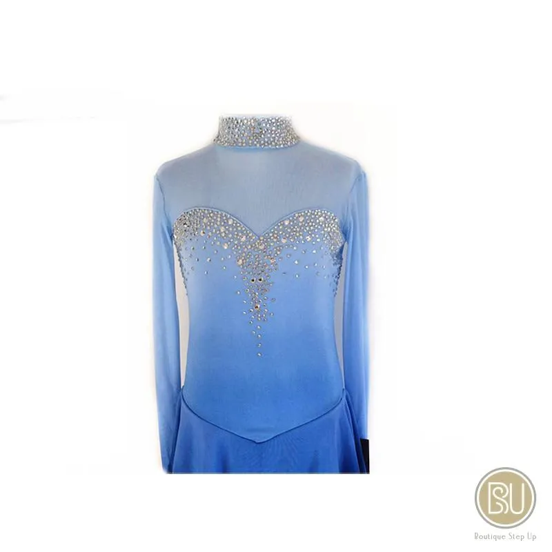 Competition Skating Dress Blue Ombre Long Sleeves Crystals