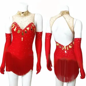 Competition Skating Dress Flapper Style with Fringes Red with Long Gloves BSU030921