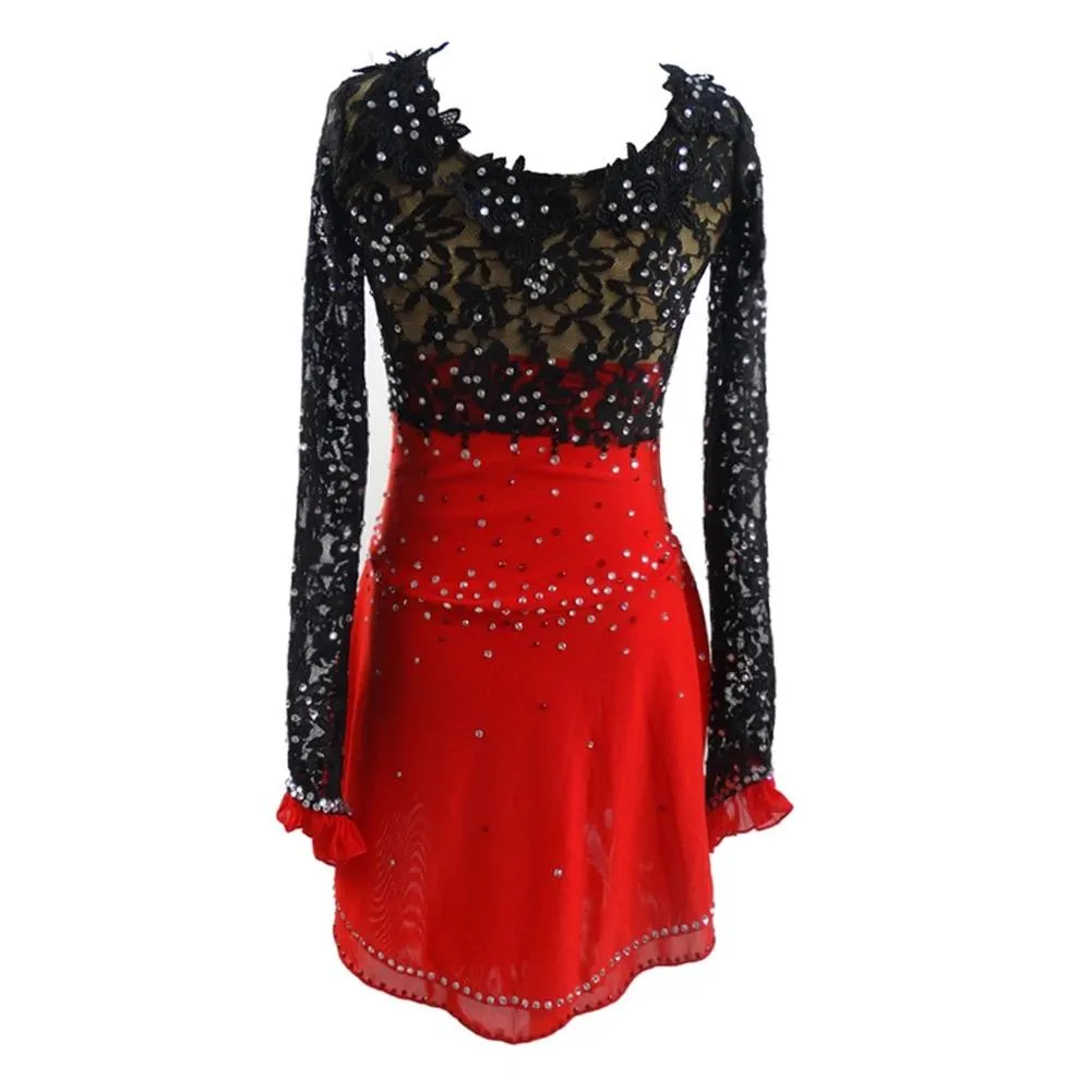 Competition Skating Dress Red & Black Lace with Crystals Spanish Theme  BSU8820.1