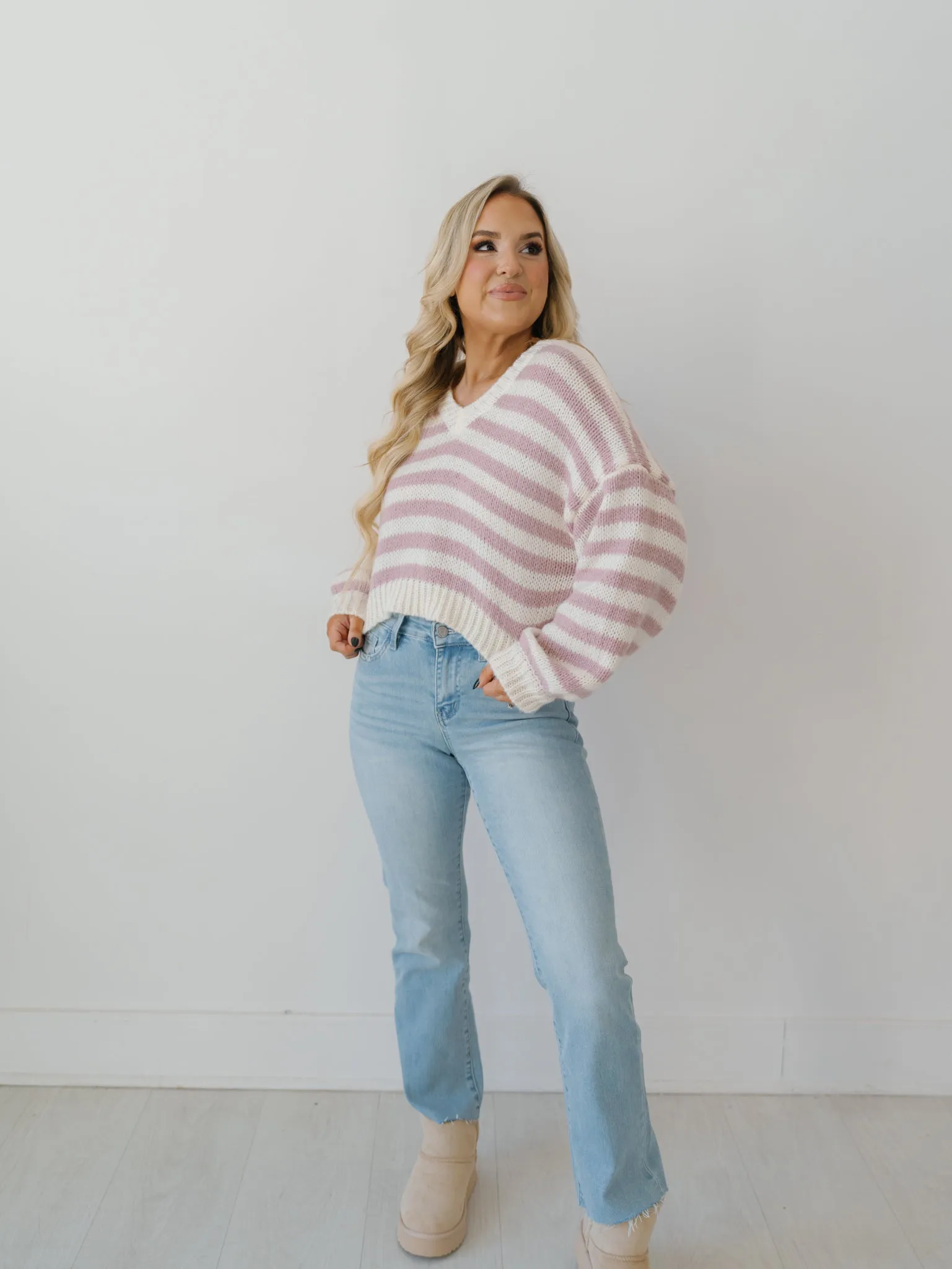 Cozy Moments Sweater - White/Pink Stripe