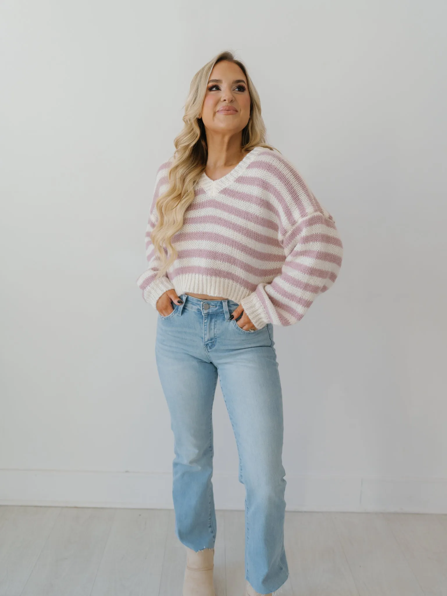 Cozy Moments Sweater - White/Pink Stripe