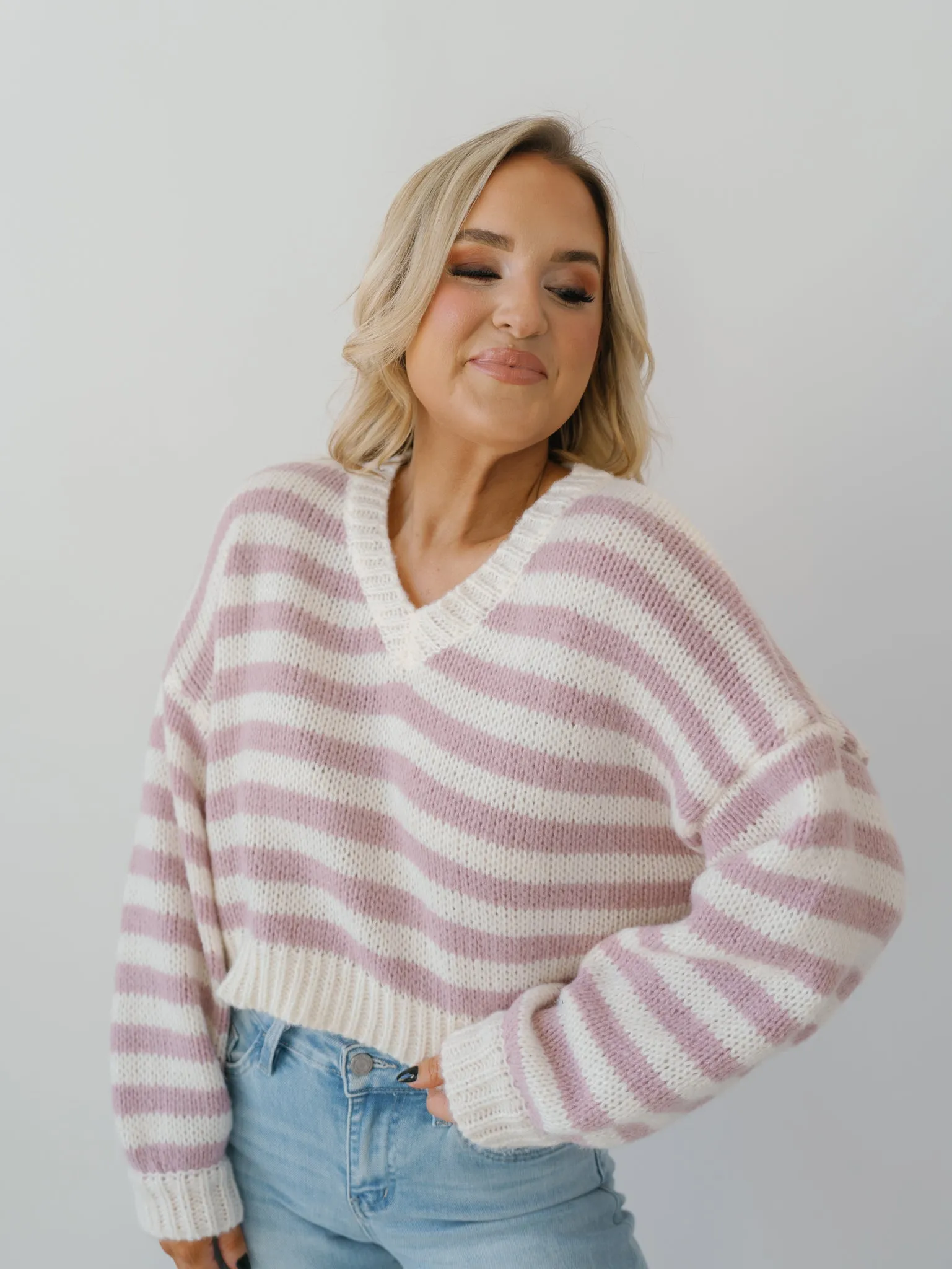 Cozy Moments Sweater - White/Pink Stripe