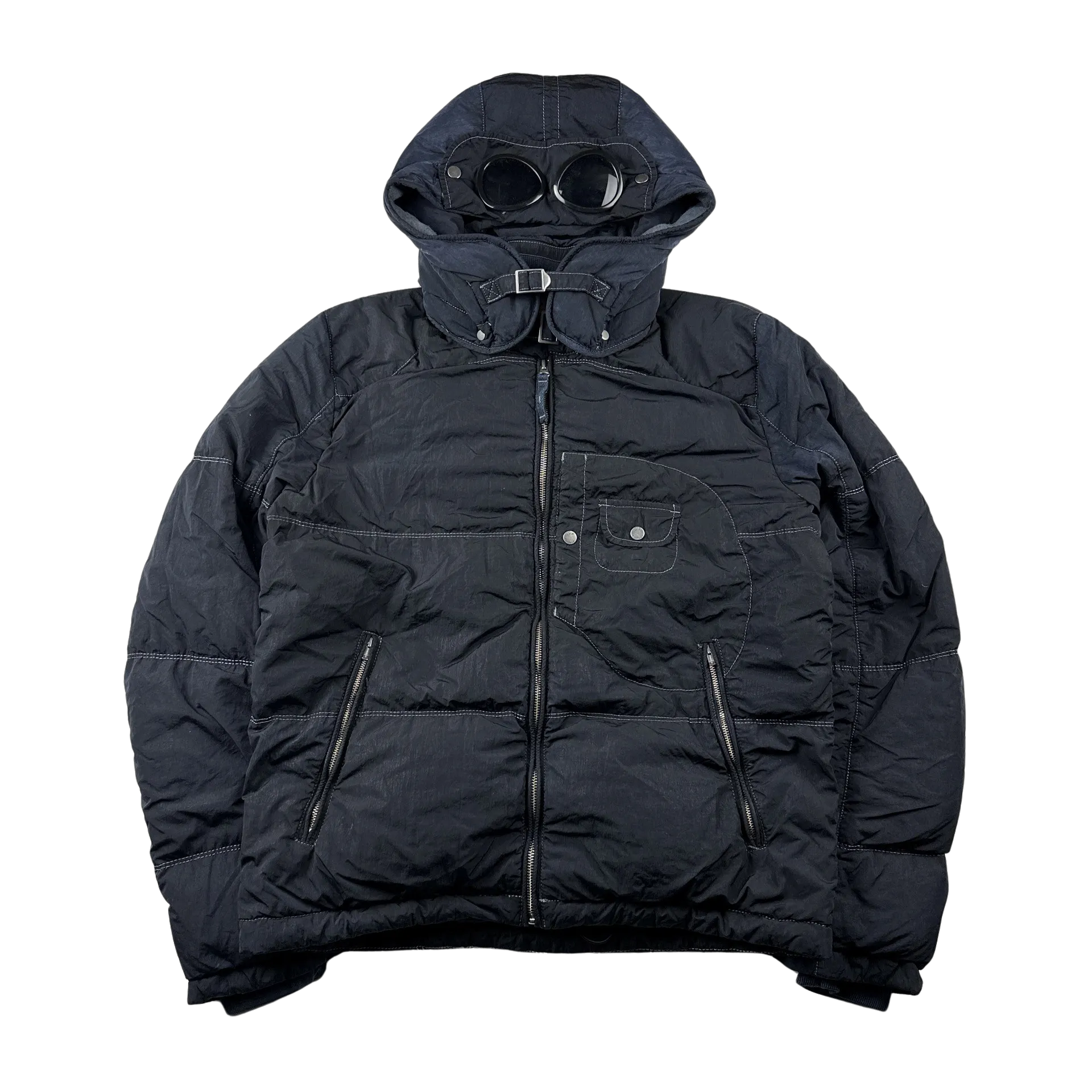 CP Company 2000s Navy Down Filled Contrast Stitch Goggle Jacket - Large