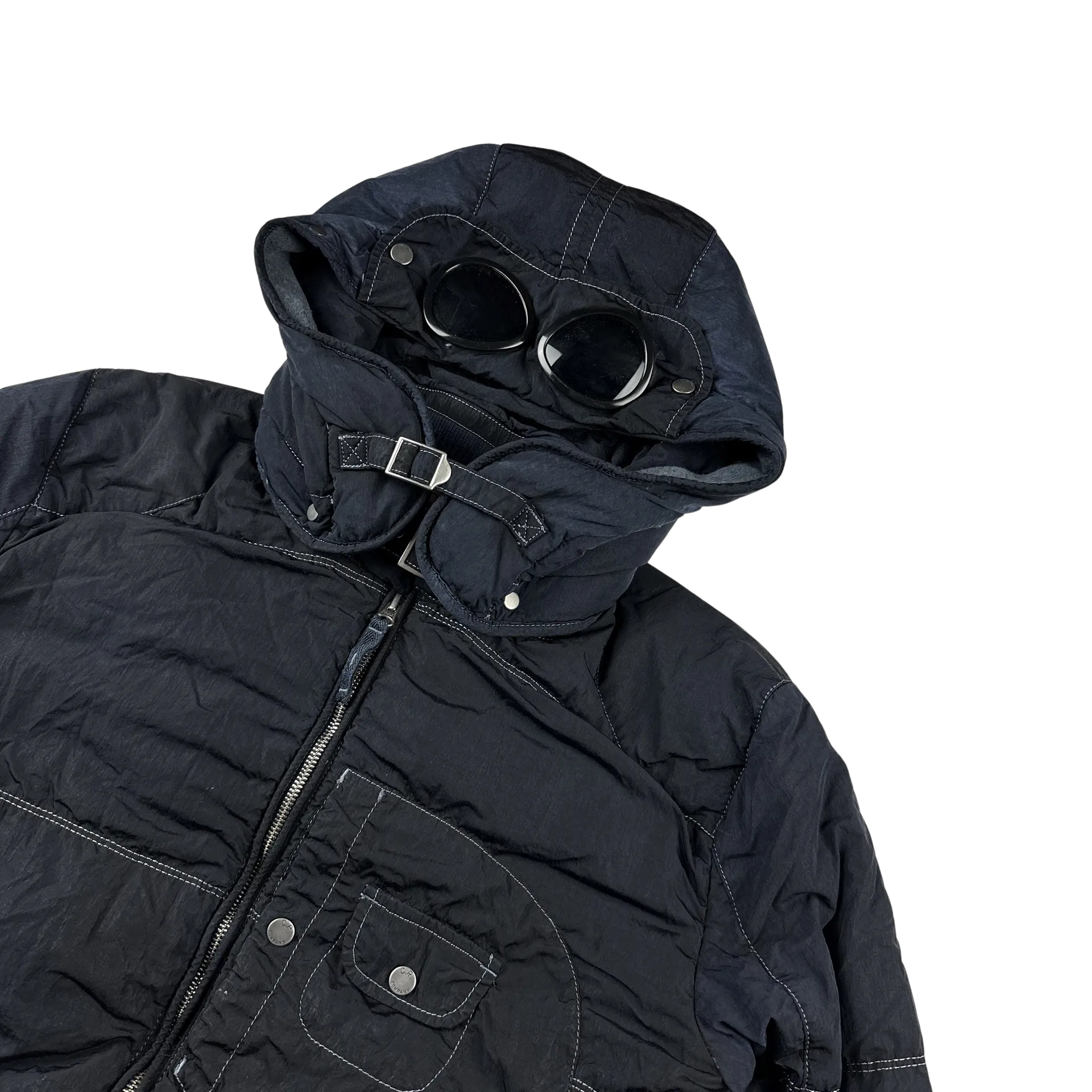 CP Company 2000s Navy Down Filled Contrast Stitch Goggle Jacket - Large