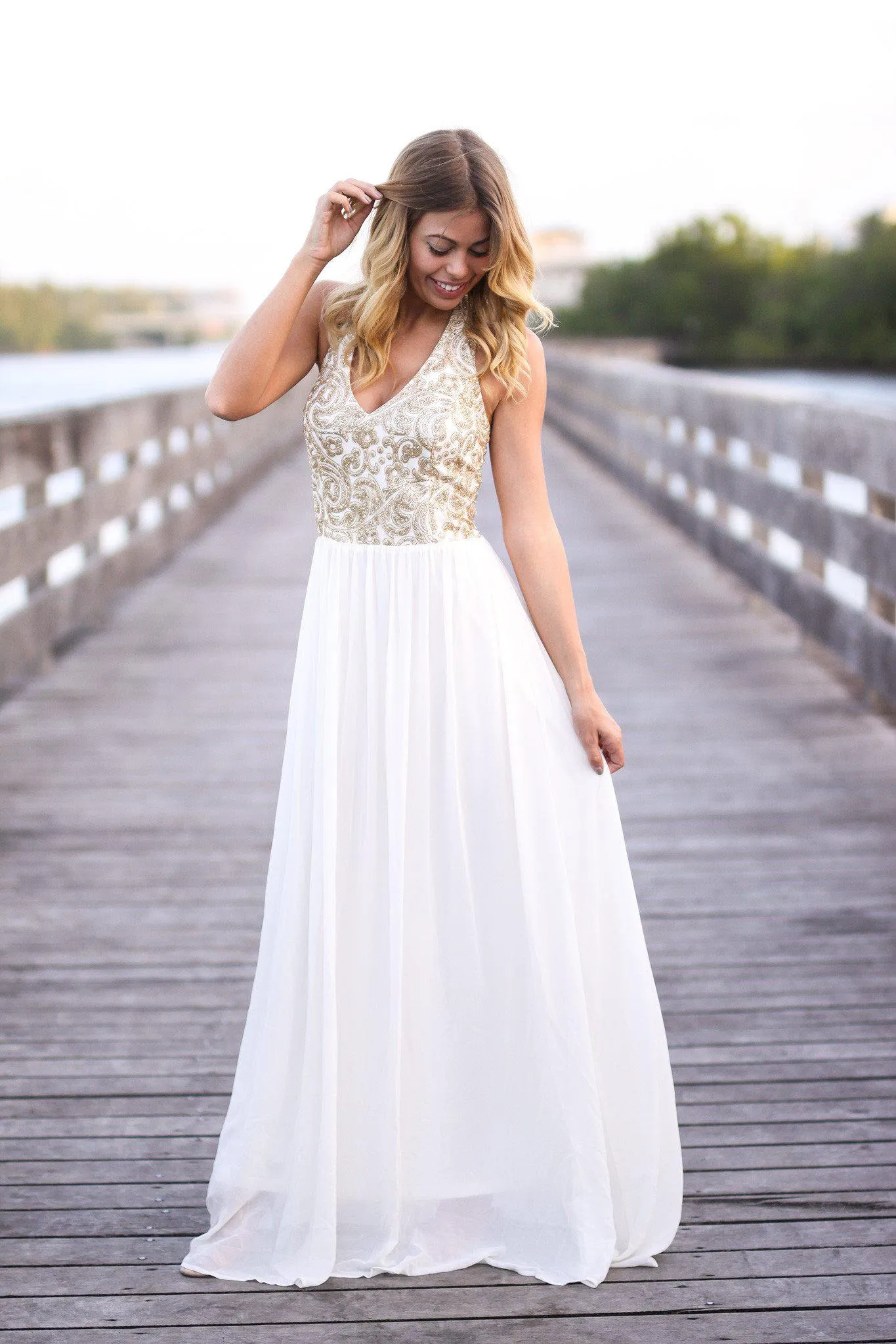 Cream and Gold Halter Neck Maxi Dress