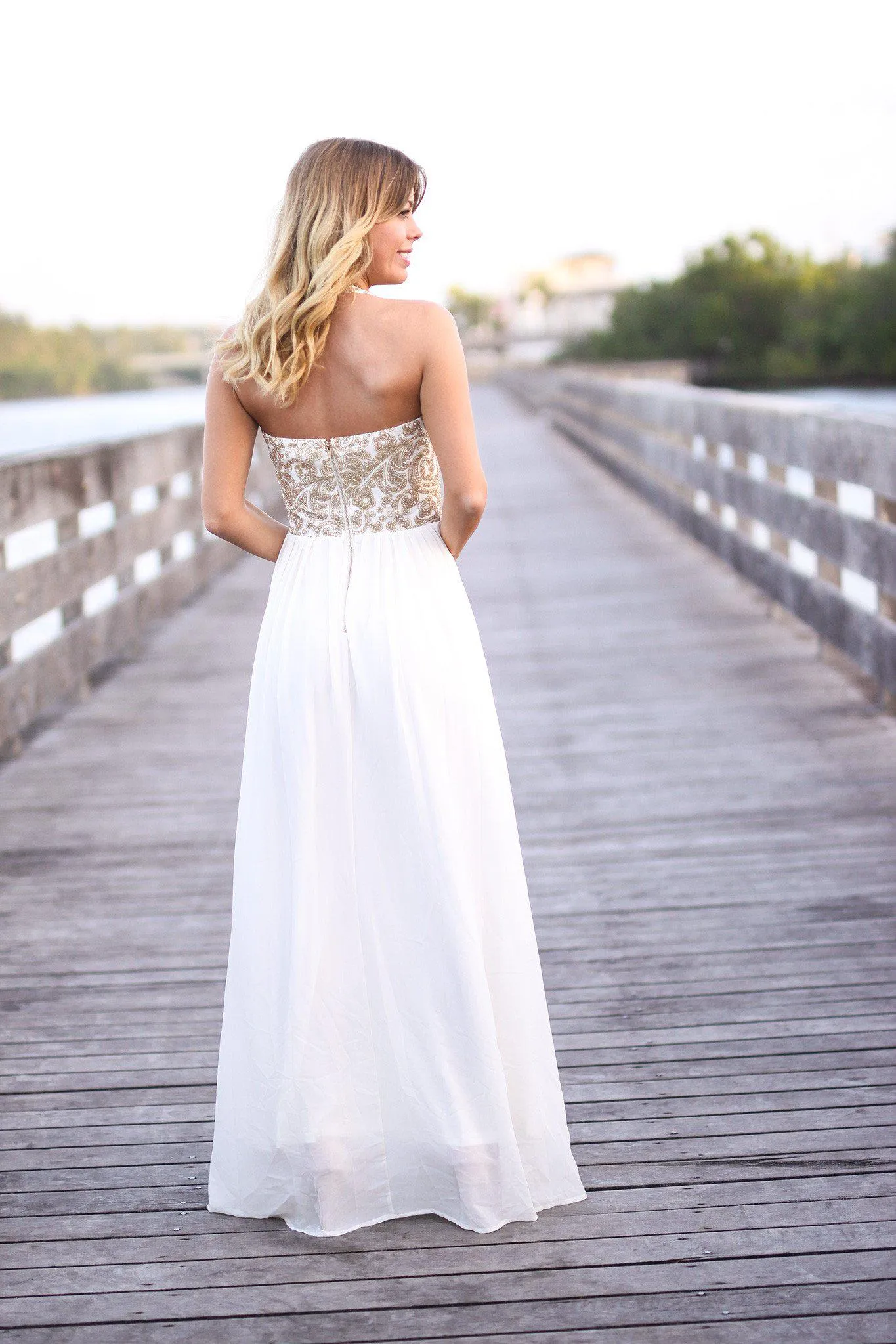 Cream and Gold Halter Neck Maxi Dress