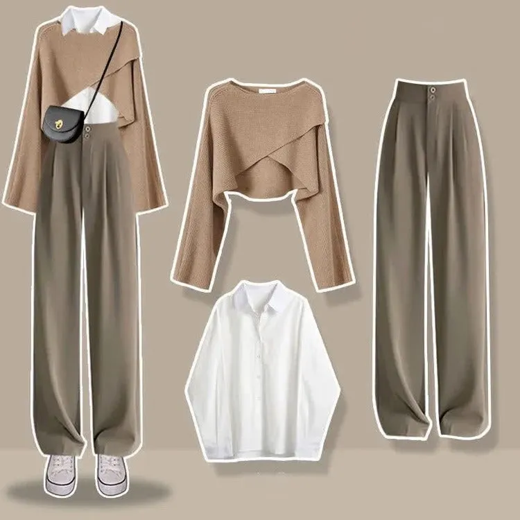 Cross Knit Sweater Shirt High Waist Pants Three Piece Set