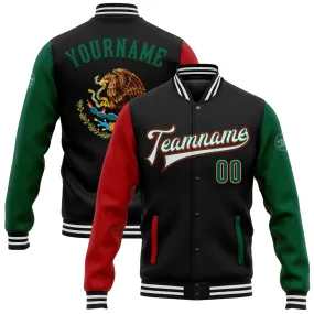 Custom Black Kelly Green-Red Mexico 3D Bomber Full-Snap Varsity Letterman Two Tone Jacket