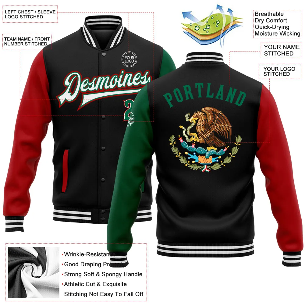 Custom Black Kelly Green-Red Mexico 3D Bomber Full-Snap Varsity Letterman Two Tone Jacket