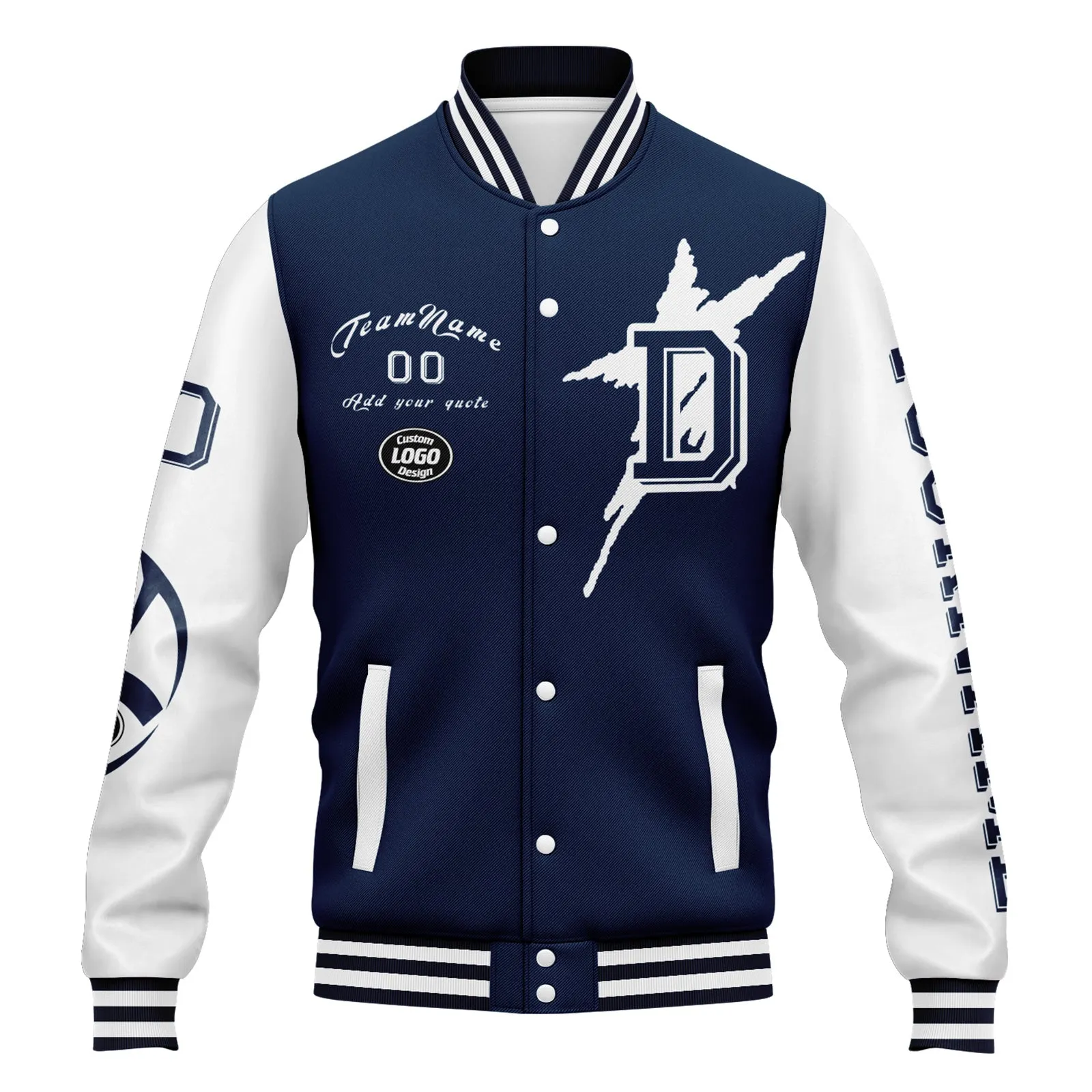 Custom Blue White Dallas Jacket Bomber Full-Snap Varsity Letterman Personalized Jacket FZ005SX-D020290-9