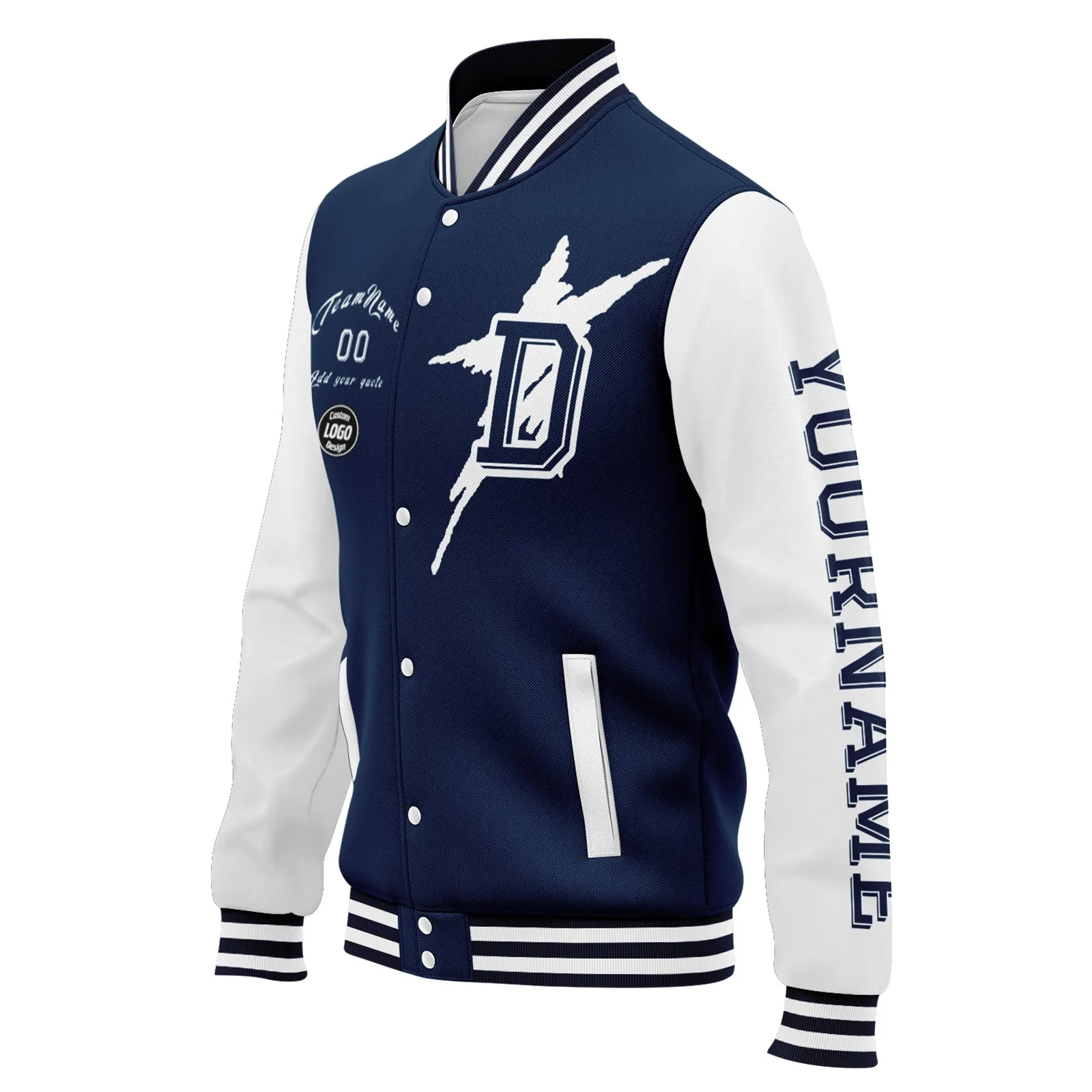 Custom Blue White Dallas Jacket Bomber Full-Snap Varsity Letterman Personalized Jacket FZ005SX-D020290-9