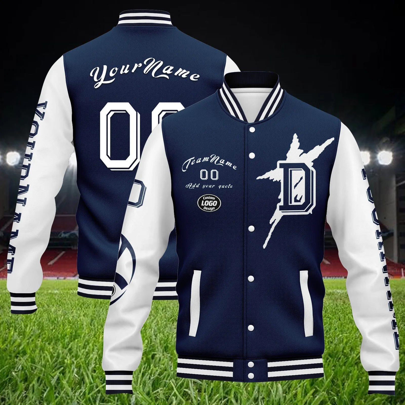 Custom Blue White Dallas Jacket Bomber Full-Snap Varsity Letterman Personalized Jacket FZ005SX-D020290-9