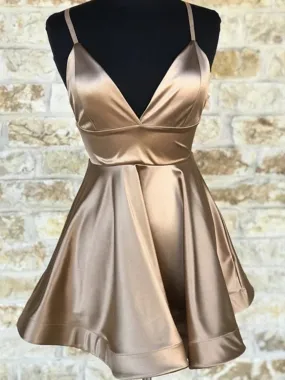 Cute V Neck Champagne Short Prom, V Neck Champagne Homecoming, Champagne Formal Evening