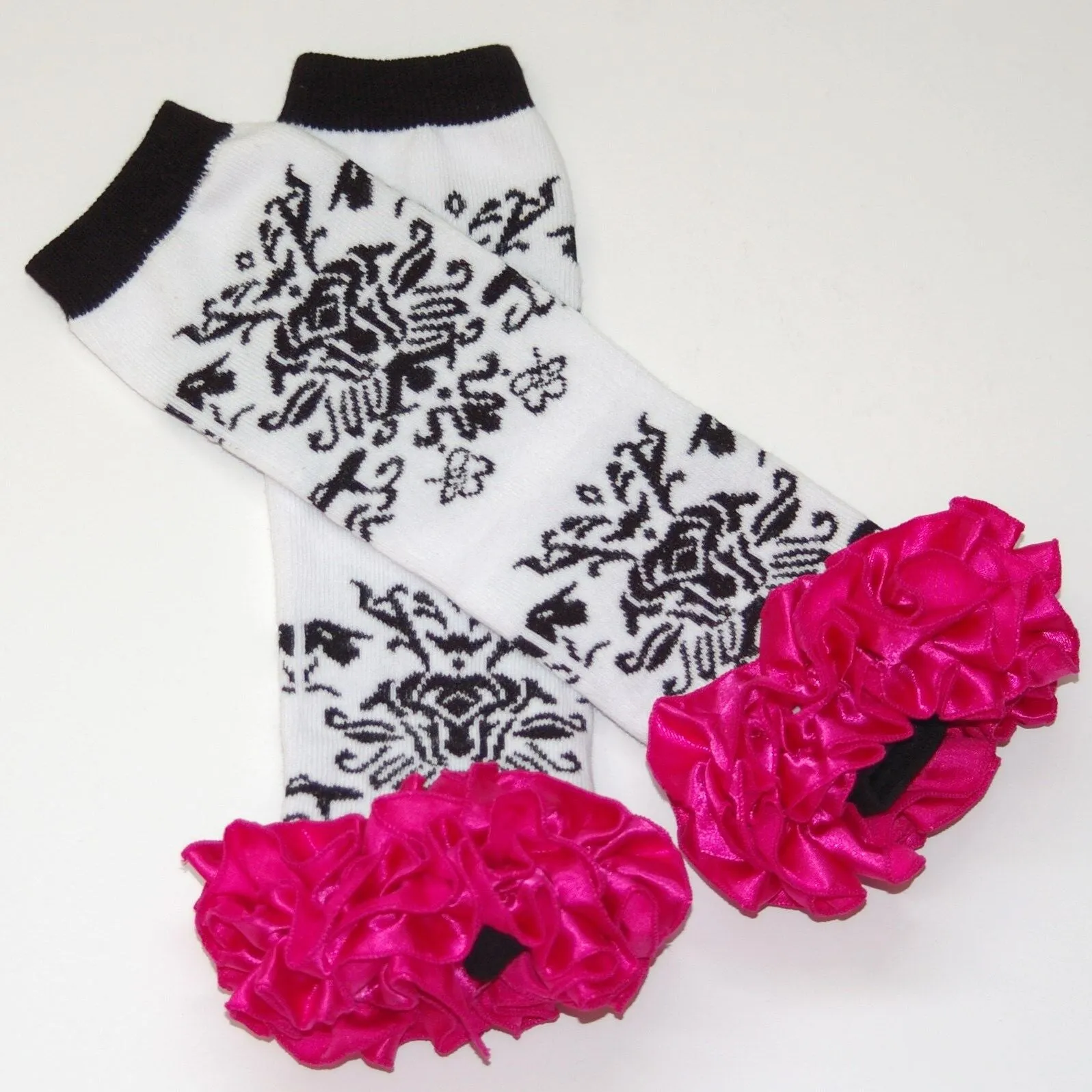 Damask Leg Warmers w/Hot Pink Satin ruffles