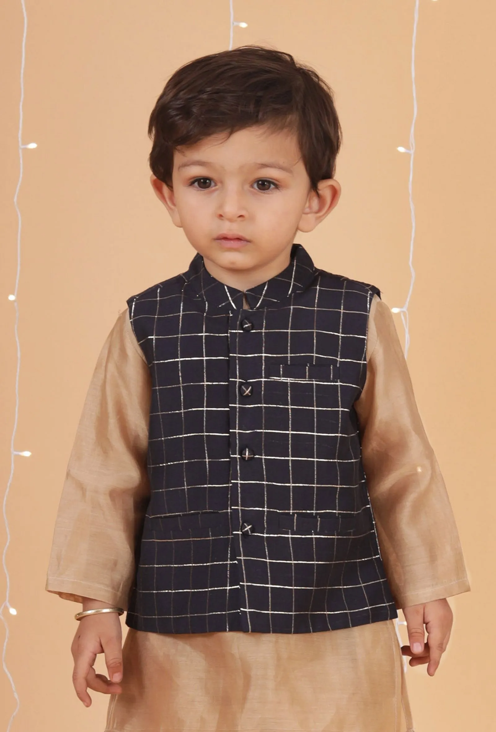 Dark Blue Check Chanderi Nehru Jacket